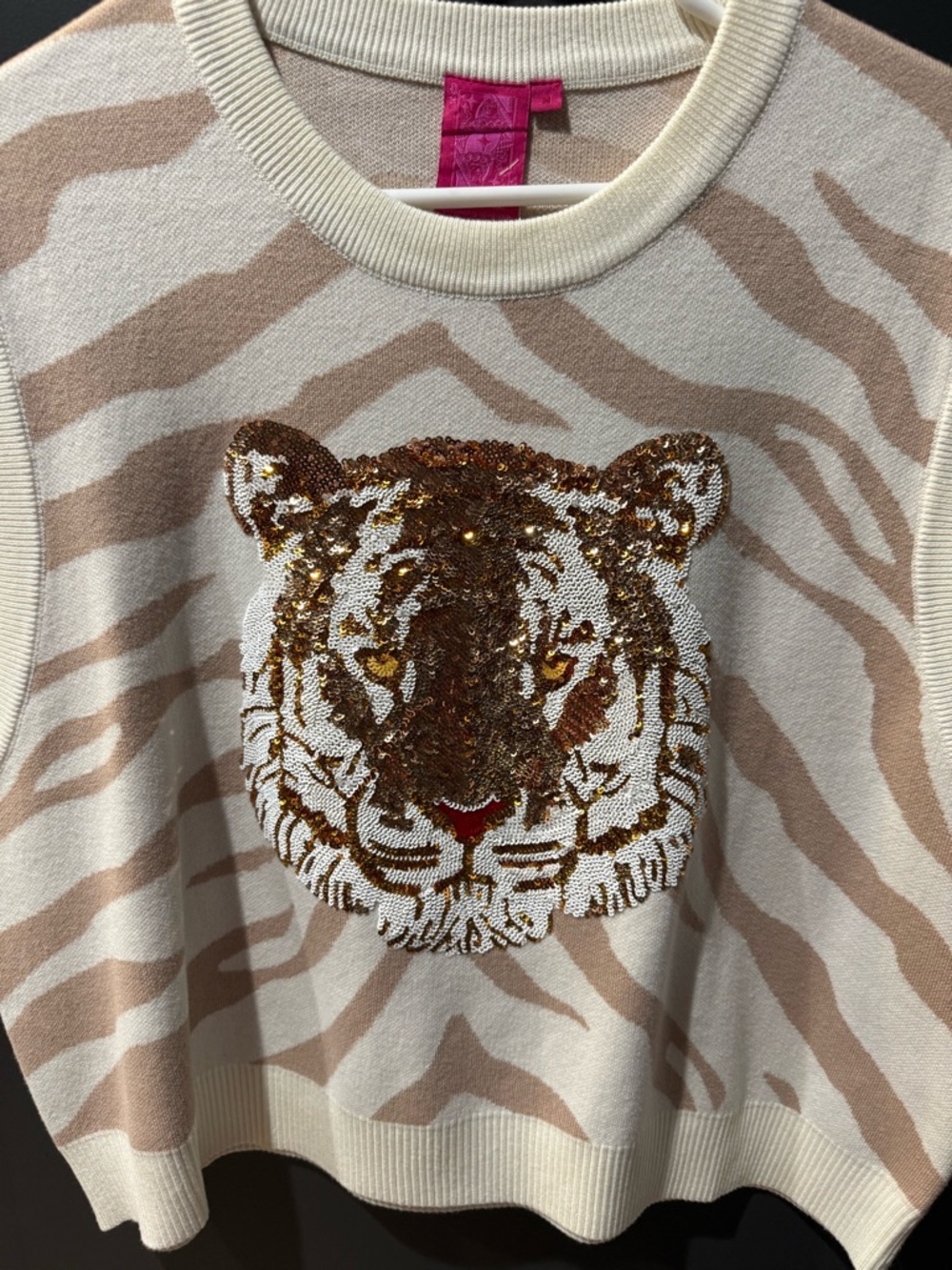 QUEEN OF SPARKLES Cream and Tan Tiger Sequin Knit Tank - Picture 8 of 9